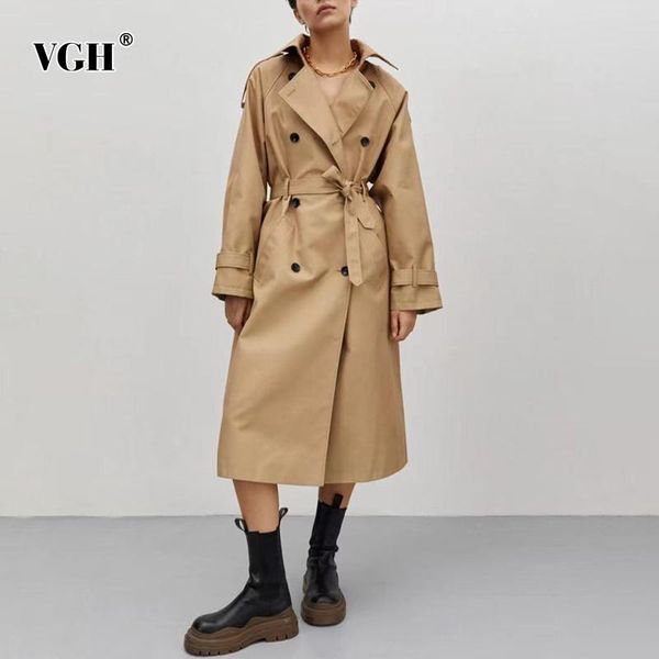 

women's trench coats vgh khaki korean for women lapel long sleeve high waist sashes slim casual split female 2021 spring fashion clothe, Tan;black