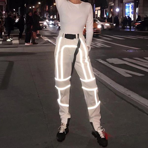 

women's pants & capris casual reflective cargo women streetwear patchwork harem zipper belt pockets 2021 spring female sweatpants trous, Black;white
