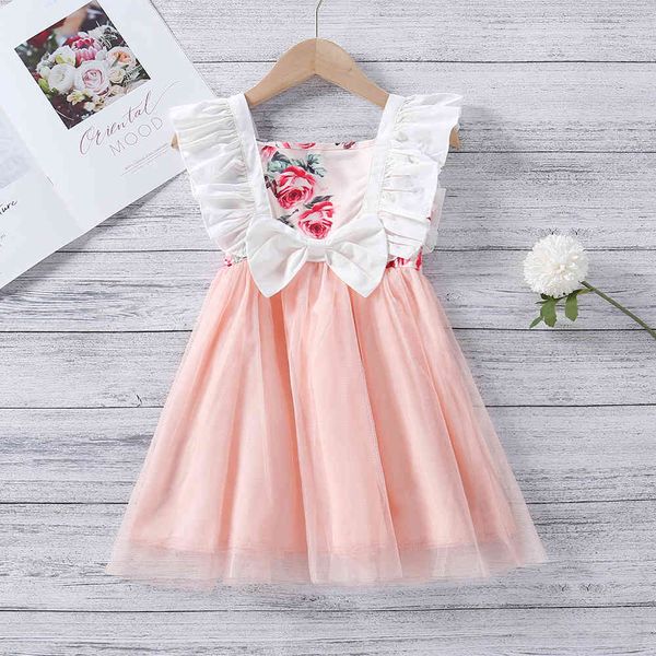 

girls dress children's clothing summer flowers printed mesh stitching princess kids clothes girl wedding 210515, Red;yellow