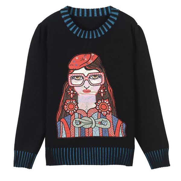 

runway character embroidery long sleeve knitted sweater pullovers women loose round neck striped female autumn ladies jumper women's sw, White;black