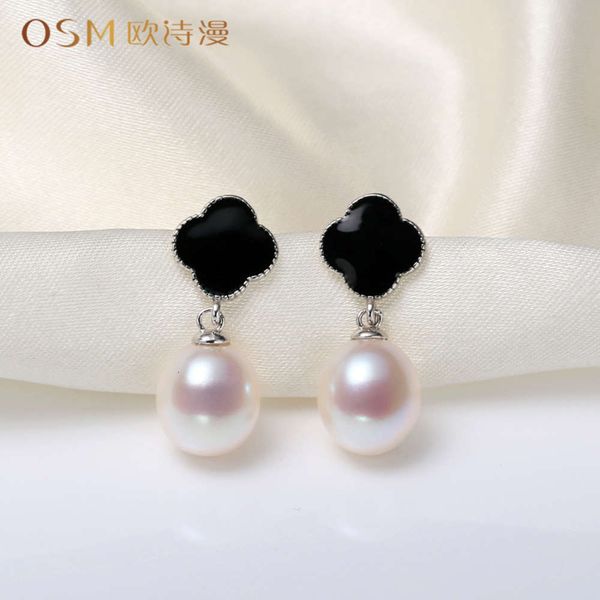

---s925 tremella pendant four leaf grass seedless freshwater pearl 9-10mm earrings japanese and korean women's simple, Black