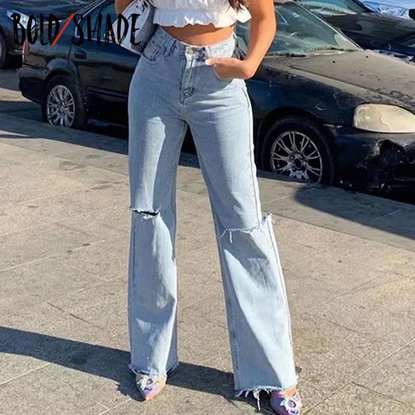 

bold shade ripped high waist boy friend jeans women vintage streetwear solid loose wide legs baggy indie y2k clothes women's, Blue