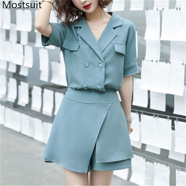 

summer office korean two piece sets women short sleeve double-breasted blazer + pantskirt suits fashion solid female 210513, White