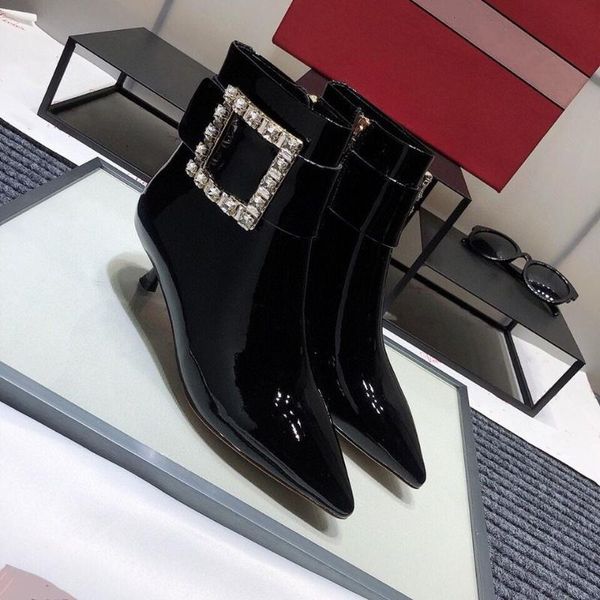 

women's genuine leather boots with rhinestone buckle, high-heeled boots, pointed, party use, Black