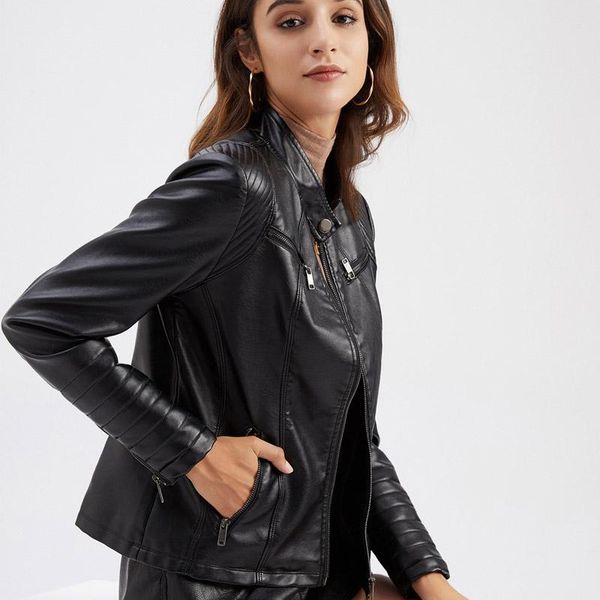 

women's leather & faux women jacket autumn winter long sleeve plus size fashion ladies solid zipper biker coat female casual outwear, Black