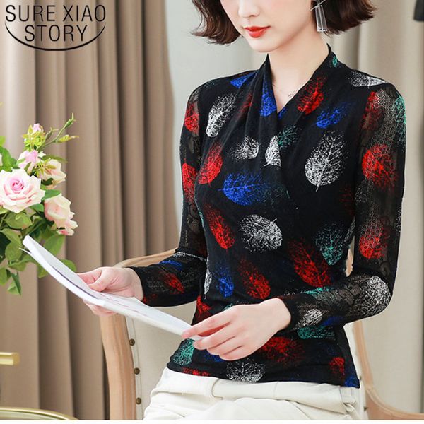 

mujer de moda v-neck mesh blusas lace blouse slim print autumn clothing casual long sleeve 6210 50 210415, White