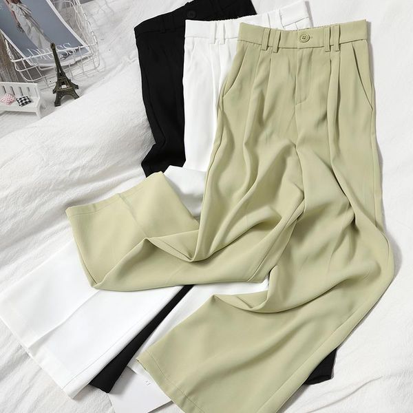 

loose casual high waist womens pant slim wide leg spring summer white black green suit trousers, Black;white