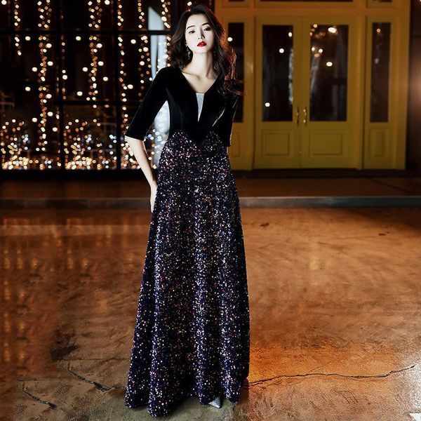 

casual dresses black v-neck evening party bling sequins formal dress women full length prom gown a-line oversize 3xl m7v7, Black;gray