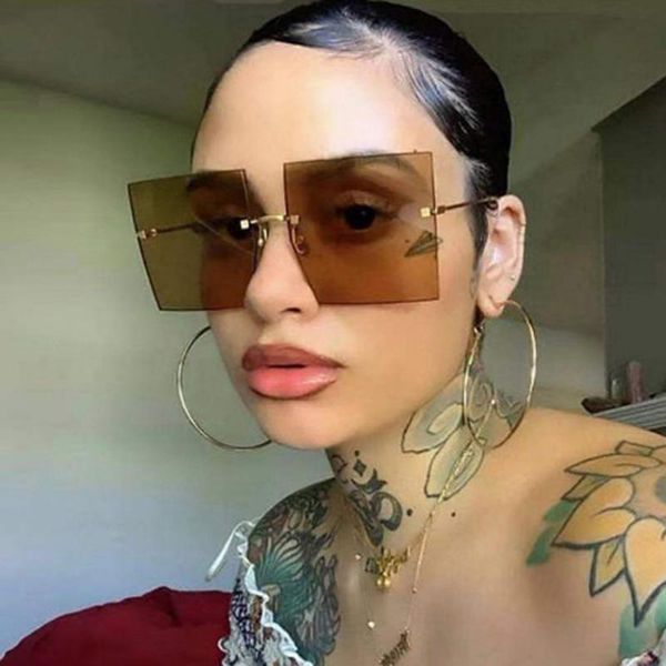 

sunglasses vintage rimless square women luxury fashion oversized sun glasses female retro metal black brown mirror, White;black