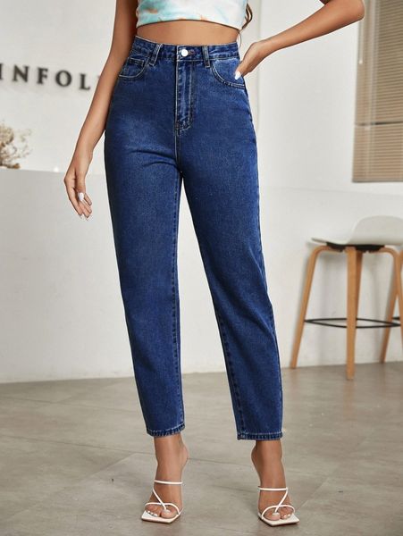

solid high waist mom jeans j3rw#, Blue