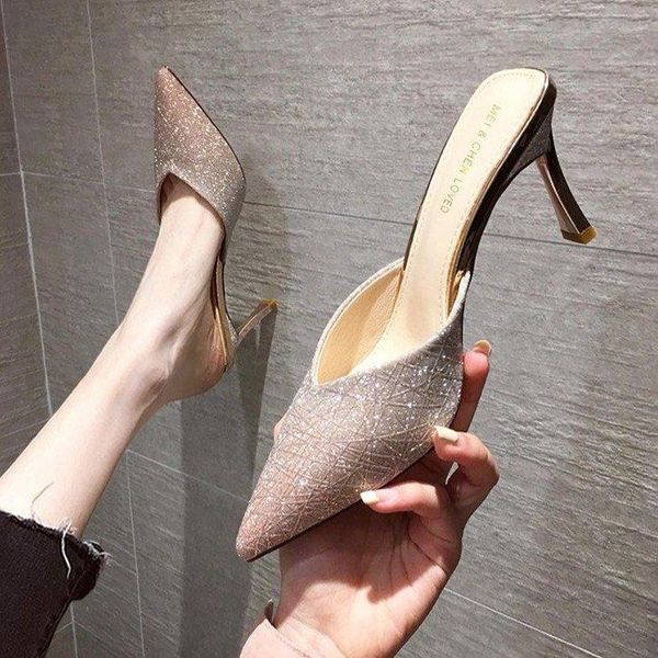 

slippers summer style net red half baotou sandals high-heeled women's outer wear fashion stiletto pointed toe, Black