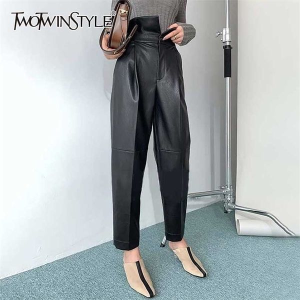 

twotyle pu leather harem pants for women high waist ankle length black casual trousers female fashion clothing 211124, Black;white