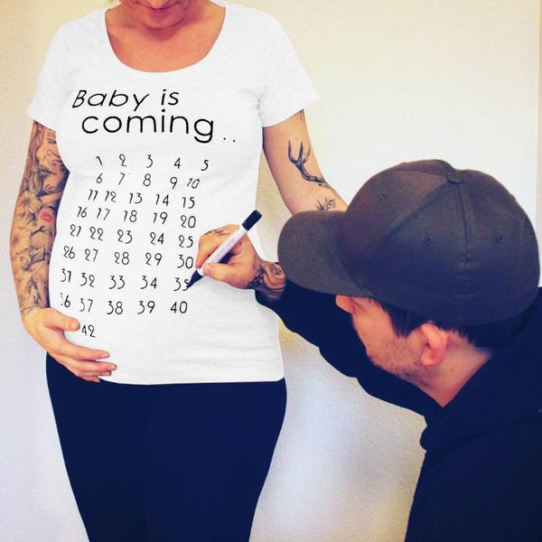 

maternity & tees women pregnancy t shirt clothes baby is coming print pregnant short funny plus size clothing, White