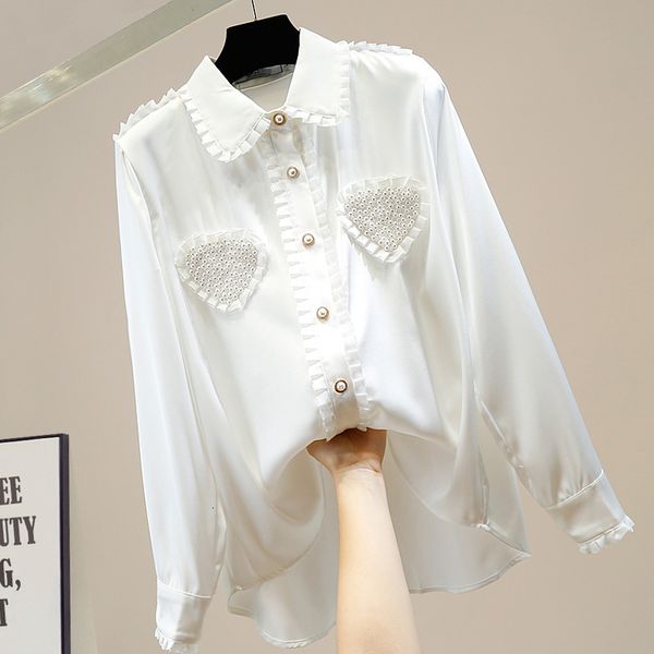 

knits heart beading pearls satin silk shirt women sweet patchwork peter pan collar buttons up elegant loose summer, White