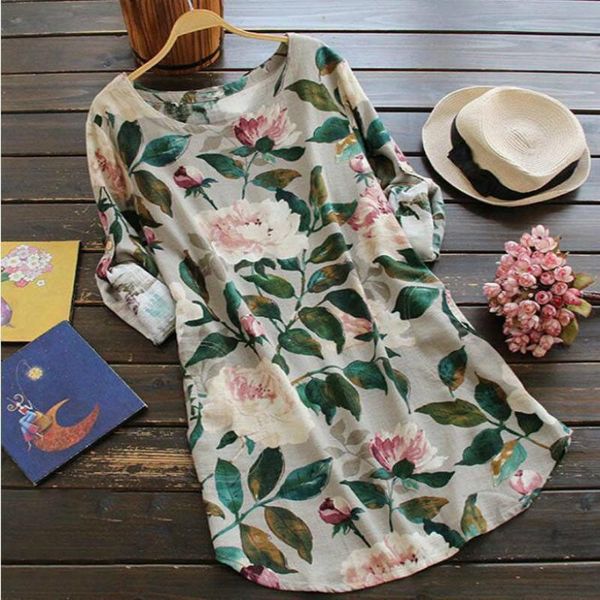 

summer women 5xl plus size fashion o neck floral printed linen loose casual dresses vestidos, Black;gray