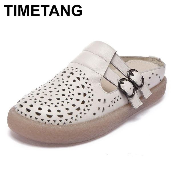 

slippers timetangwomen genuine leather mules hollow out women summer shoes retro brand handmade flat heels slipperse780, Black