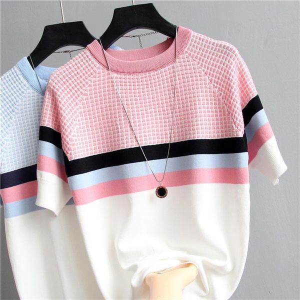 

plaid striped knitted cotton korean womens clothes tee femme camisetas mujer, White