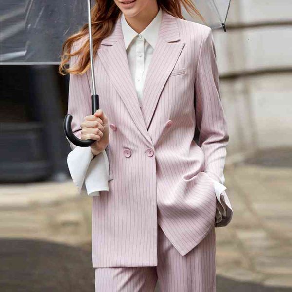 

women's two piece pants work pant suits ol 2 sets double breasted striped blazer jacket & zipper trousers suit for women set feminino s, White