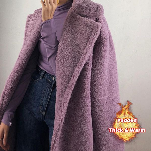 

women's fur & faux junerain women winter longer warm long coat sleeve female thick teddy bear casual loose oversize outwears, Black