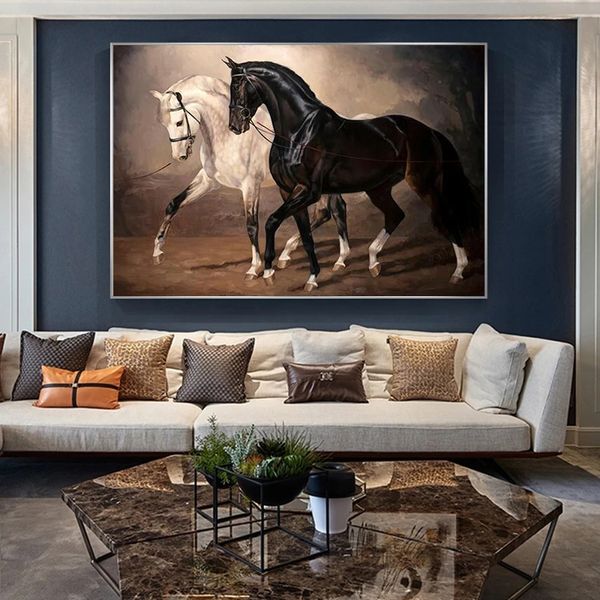 Cavalo preto e branco Arte da parede da lona Imprime as pinturas da arte da lona do animal moderno nas fotos da lona da parede pôsteres Decoração da parede