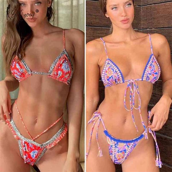 

miyouj vintage print bikini female handwork small ruffle swimming suit for women swimwear high cut set string 210722, White;black