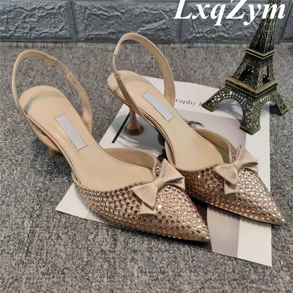 

summer party shoes wedding women crystal thin heels sweet slingback pumps black pink bow butterfly knot slippers 60% off store online