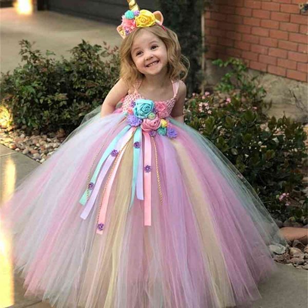 Mädchen Pastell Einhorn Blume Tutu Kinder Häkeln Bänder Kleid Ballkleid mit Hairbow Kinder Hochzeit Party Kostüm Kleider 210317