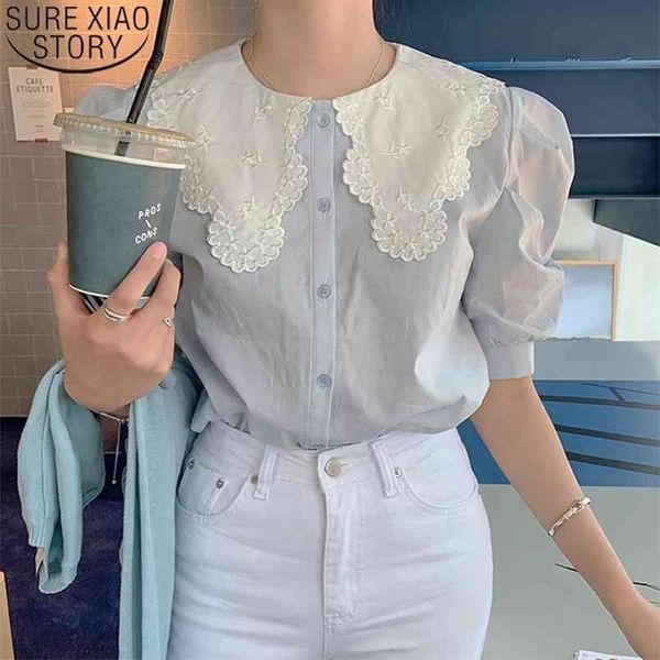 

korean fashion loose blue shirts button up short sleeve summer sweet women chic peter pan collar 13846 210506, White
