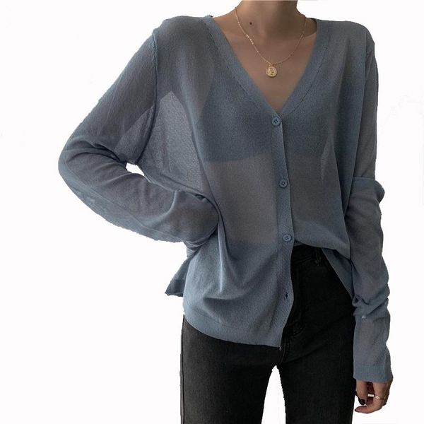 

women's knits & tees 2021 tide summer haze blue sunscreen clothes cardigan long-sleeved thin knitted ice silk net red wild student jack, White