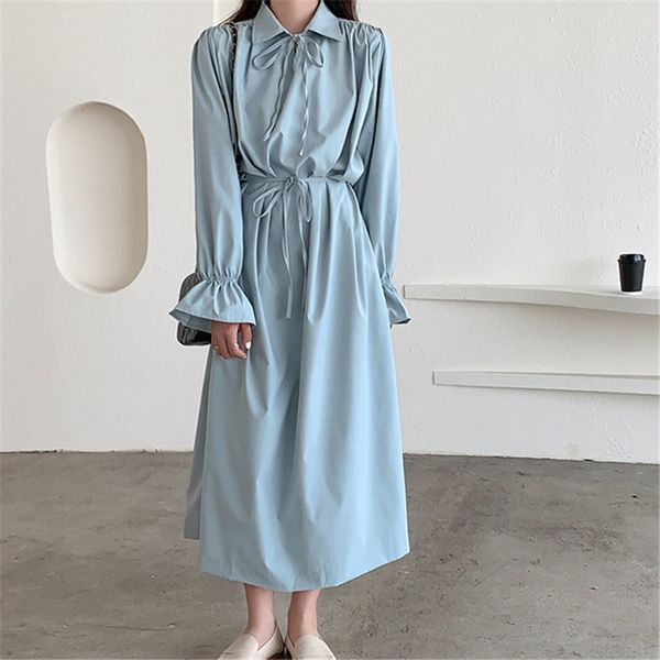 

autumn girls flare-sleeved lace-up cute fresh loose all-match women slender comfortable stylish casual dresses 210421, Black;gray