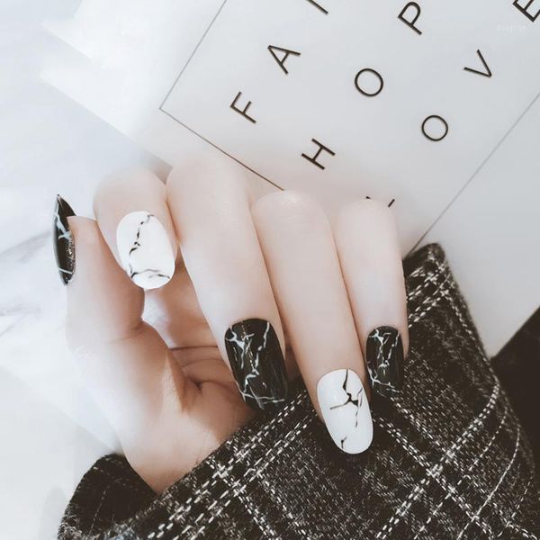 

pieces of the latest boxed fake nails advanced marble pattern black and white l511, Red;gold