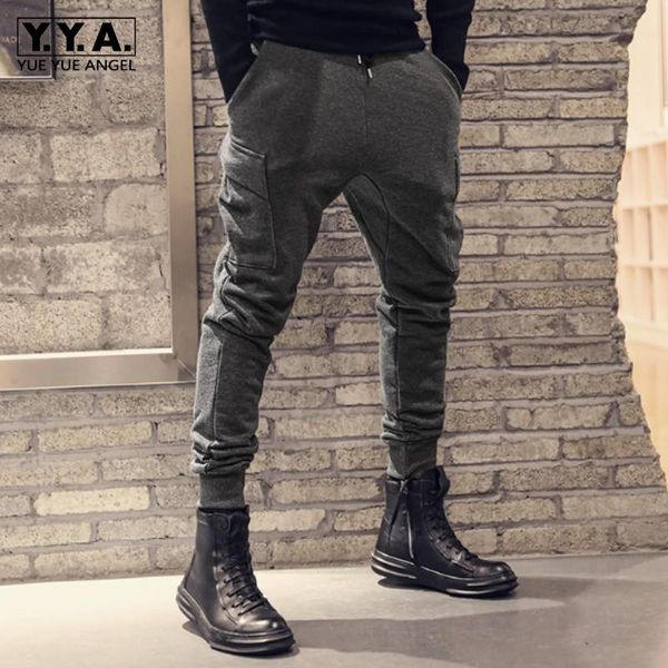 

cargo pants men multi-pockets drawstring cotton ankle-length pant spring autumn fashion casual loose sports black gray men's