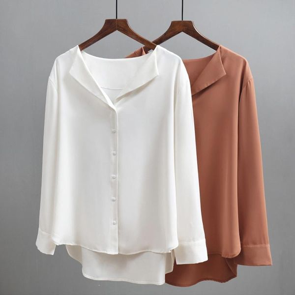 

women's blouses & shirts casual solid female blouse outwear 2021 autumn women chiffon office lady v-neck button loose clothing, White