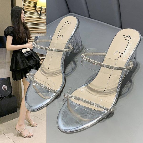 

slippers glitter slides shoes transparent women heels pantofle fashion square heel jelly high 2021 luxury block crystal rubber p, Black