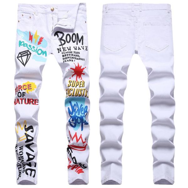 

men's jeans european fashion mens white slim fit stretch casual denim trousers elastic paint pencil pants graffiti for men, Blue