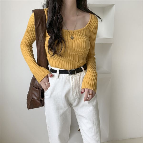 

solid elastic sweater women deep v long sleeve female black gray yellow pullovers winter clothes women basic girl 210416, White;black
