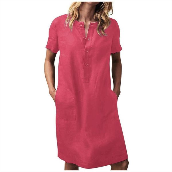

plus size cotton linen summer women dress vintage short sleeve pockets beach dresses leisure solid color sundress robe vestidos, Black;gray