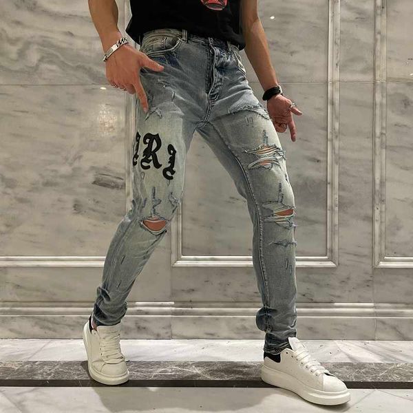 

men's jeans high street fashion brand hole worn side letters collage wash jeans men's slim leggings, Blue
