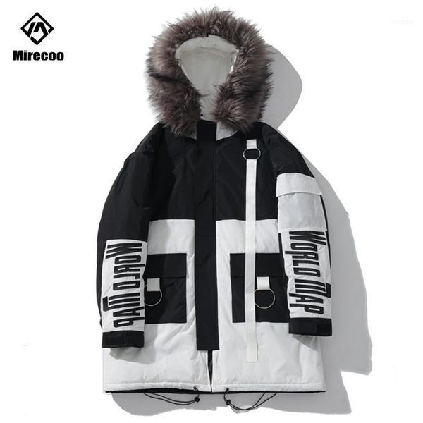 

hip hop detachable fur collar parka down jacket block men windbreaker streetwear harajuku winter padded coat warm outwear1, Black