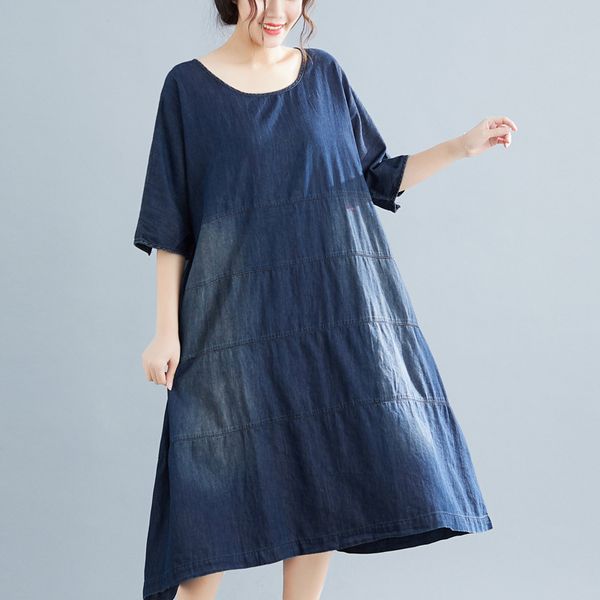 Johnature Женское летнее джинсовое платье свободно удобный сплошной цвет с коротким рукавом O-образным вырезом. Досуг Корейский платье 210521