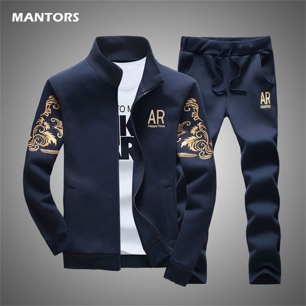 

printed tracksuit 2 pieces men's sets casual sports suit spring autumn men sportswear zipper hoodie+pants training suit 210806, Gray
