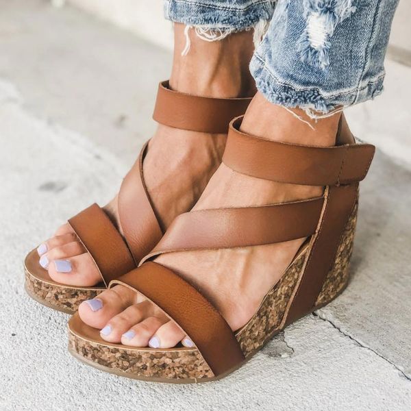 

women platform sandals wedges high heels for ladies solid color open tone look&loop shoes comfort casual footwear, Black