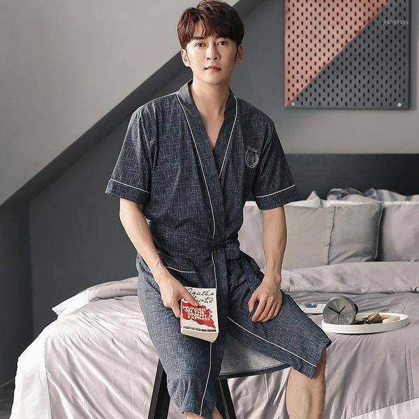 

men's sleepwear summer suit men cotton soft bathrobe long short-sleeve v-neck nightdress big size pajamas fashion kimono nightgown home, Black;brown