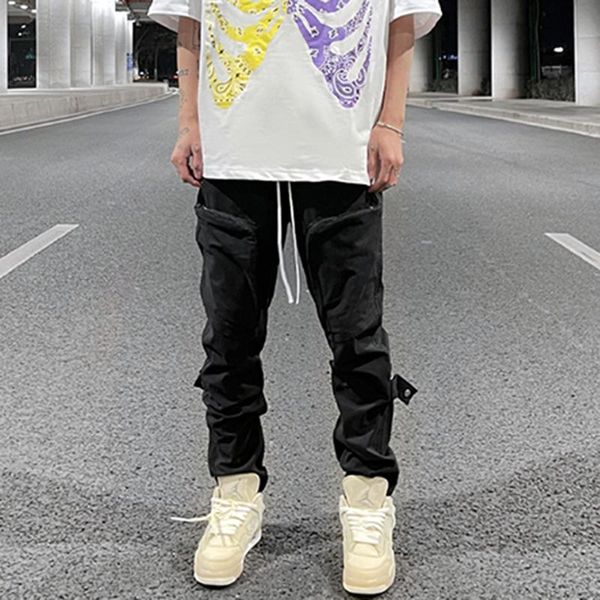 

men's pants knee lace up multi-pockets drawstring casual overalls mens high street oversize straight cargo hip hop baggy trousers, Black