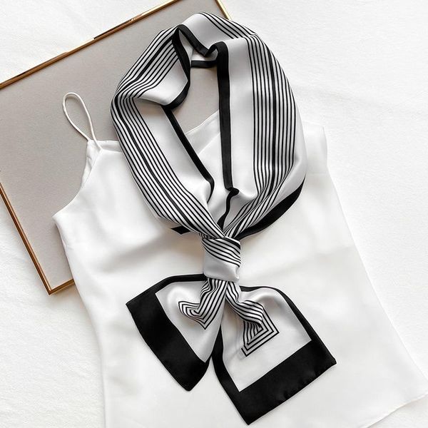 

scarves fashion stripe double-sided long scarf women houndstooth small neck office lady hair band ribbon bag handle silk, Blue;gray