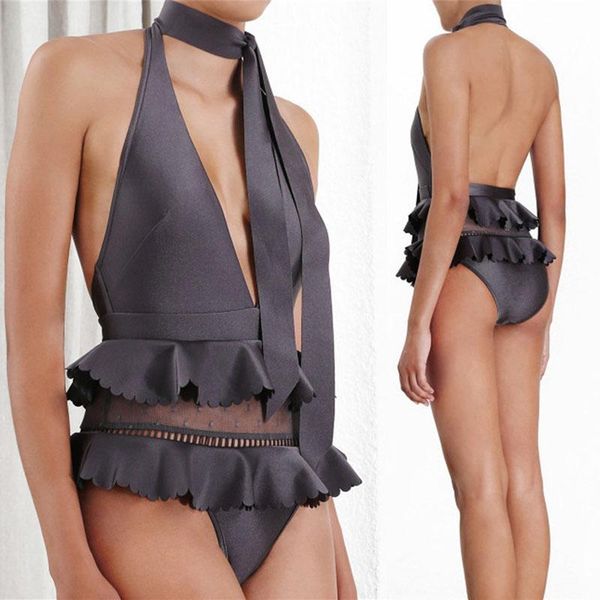 

flounce one piece swimsuit choker deep v-neck mesh swimwear 2021 bandage bathing suit bodysuits female monokini women bathers one-piece suit