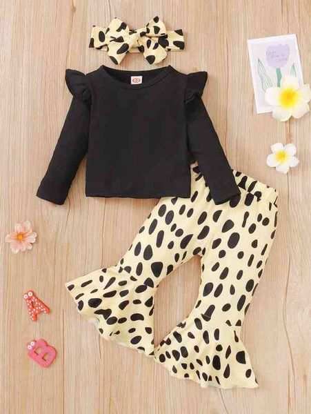 

baby ruffle trim tee & allover print flare leg pants & headband she, Blue