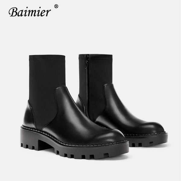 

boots baimier black leather women sock flat elastic ankle for round toe med heel platform