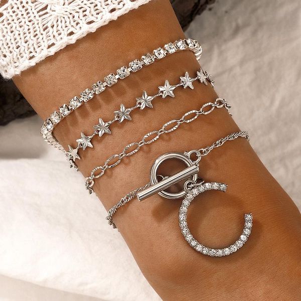 

charm bracelets 4pcs/set luxury crystal stone multi-layer bracelet set for women silver color petal adjustable letter bangle jewelry, Golden;silver