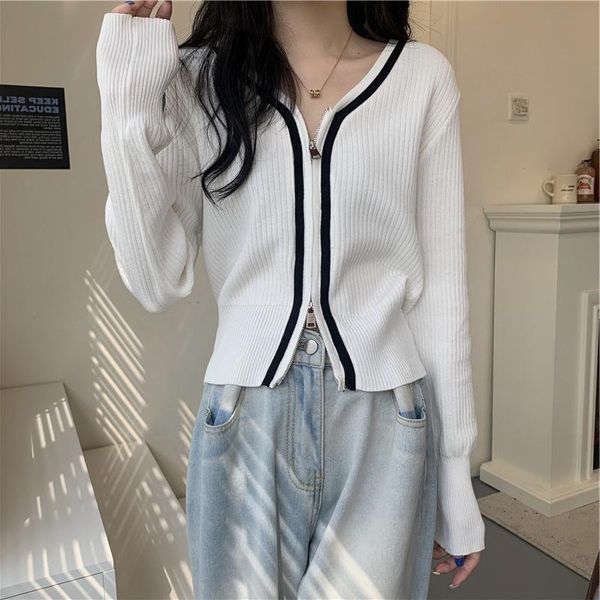 

women's jackets early autumn 2021 net red color contrast v-neck zipper knitted cardigan foreign style long sleeve short sweater coat, Black;brown